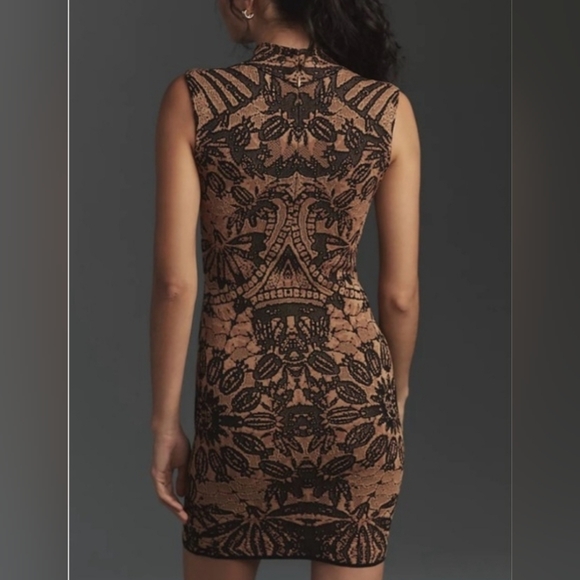 NWT Anthropologie Mock-Neck Cap-Sleeve Slim Knit Mini Dress M Brown $198 - Picture 10 of 11